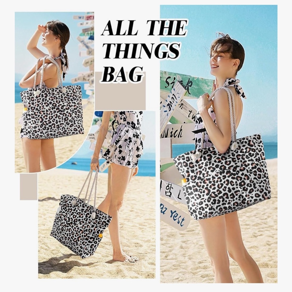 🆕 Leopard Print Rope-Handle Tote Bag - Cream/Black - Picture 7 of 7